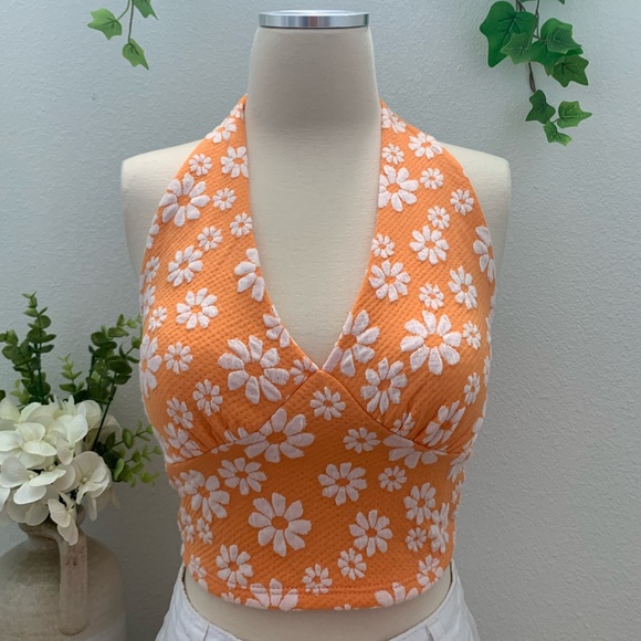 Daisy Print Open Back Halter Cropped Tank - Orange - Picture 13 of 16